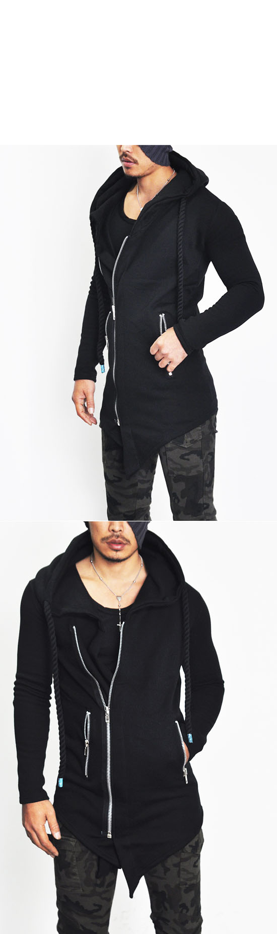Diagonal Haute Couture Men's Big Hood Designer Long Rope Jacket Hoodie
